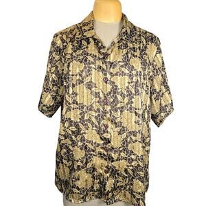 Selene Sport Womens 2X Top Button Up Floral Leaf Tropical Earth Tone Statement